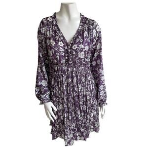 Cato Long Sleeve Satin Pleated Dress Purple Floral Sz Small Whimsigoth Fairycore